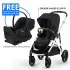Gazelle S Stroller - Silver Frame and Moon Black Seat  + FREE Gift Cloud G Lux Car Seat