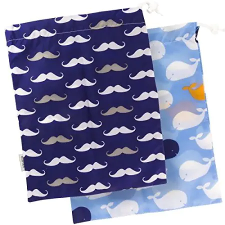 Kushies On the Go Wet Bag 2-PK  (1 large + 1 small) - Blue Whale/Navy Moustache