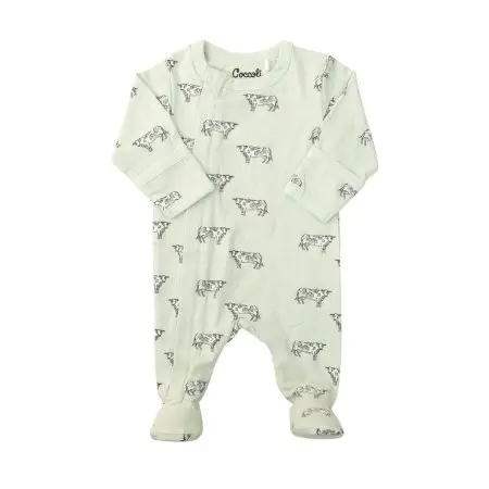 Coccoli Modal Zipper Footie - Green Cows Print