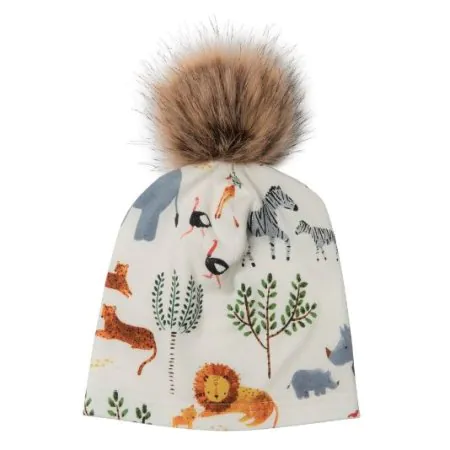 Kid's Pom Pom Hat in Tencel - Safari Jungle