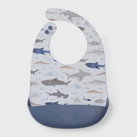 Loulou Lollipop Silicone Bib Printed - Sharks	SILBIBSHK	825754046216 Tjskids.com