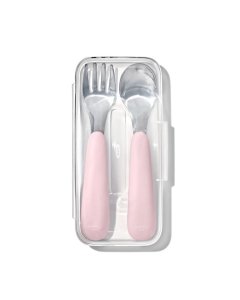 OXO Tot Toddler Travel Stainless Steel Fork and Spoon 2 Piece Set for 12+ Months, Blossom