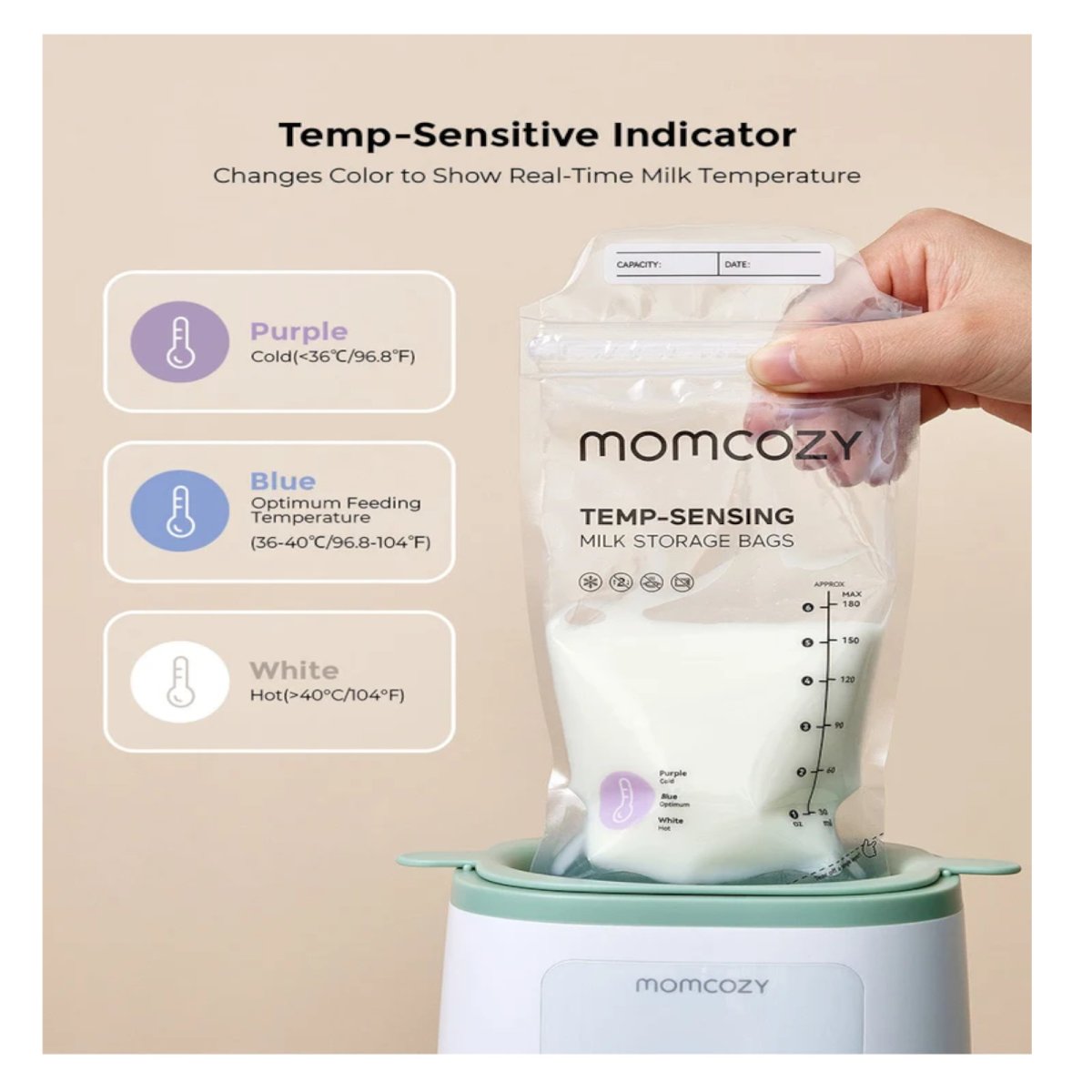 180ml Breastmilk Bag with Colour-Changing Temperature Indicator - 50 Count