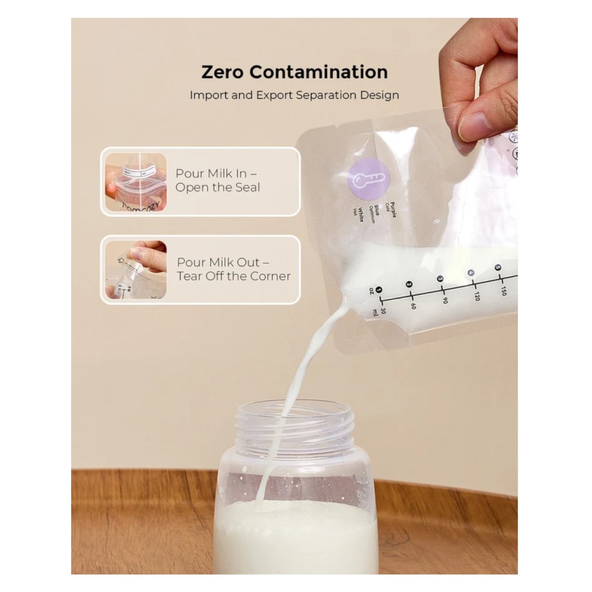 180ml Breastmilk Bag with Colour-Changing Temperature Indicator - 50 Count