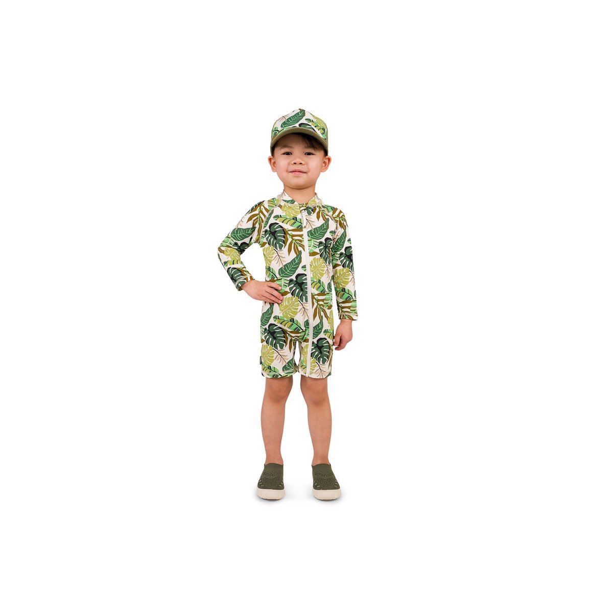 Long Sleeve One Piece UV Jumpsuit - Green Tropical