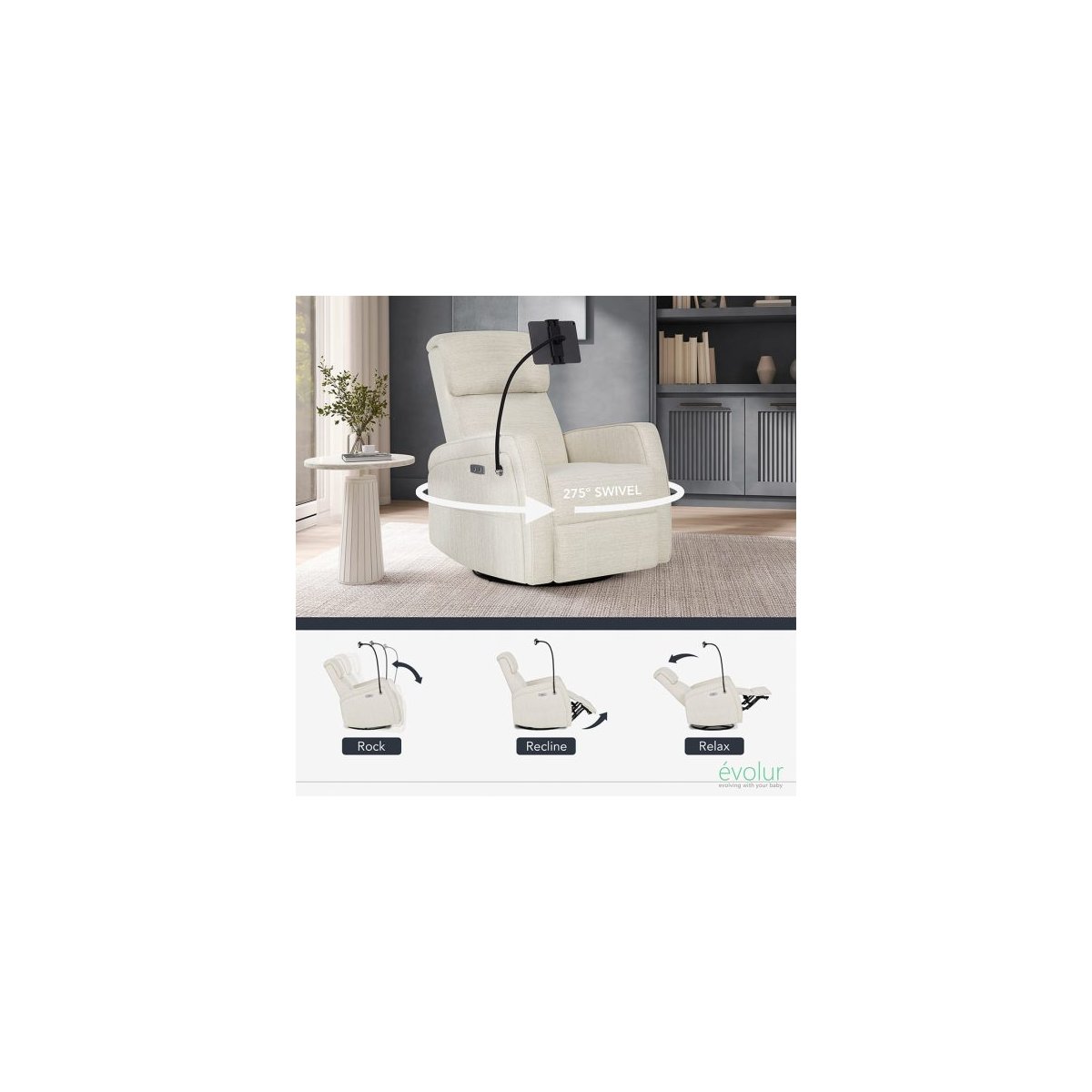 Maverick Power Recline Glider with Device Holder - Light Sand