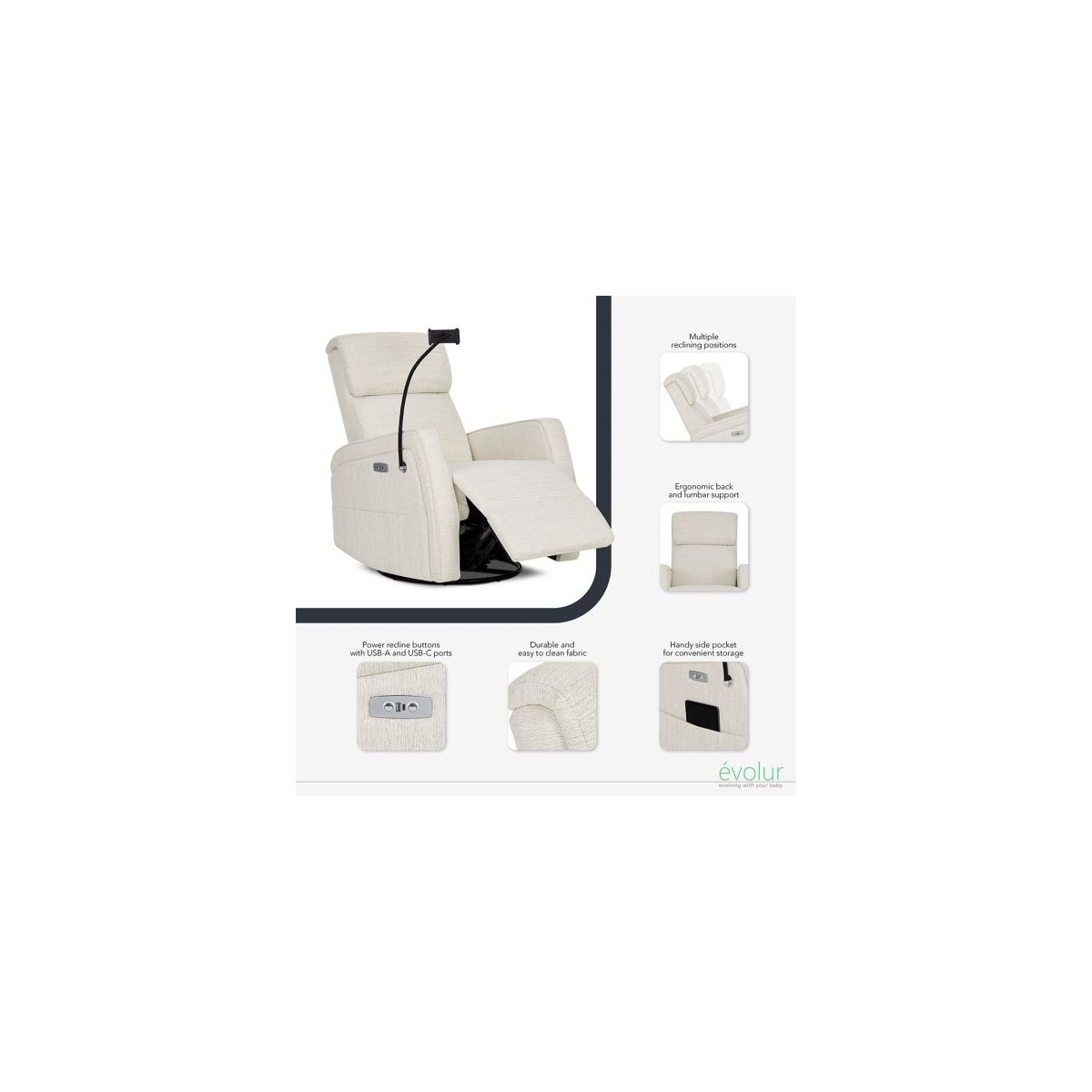 Maverick Power Recline Glider with Device Holder - Light Sand