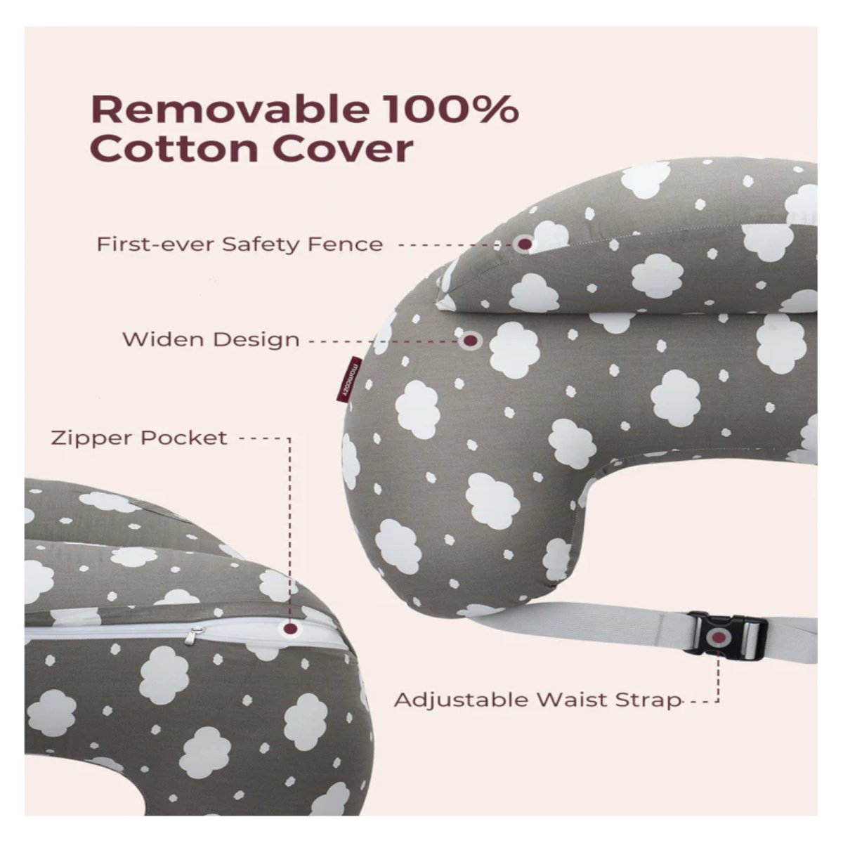 Adjustable Nursing Pillow - Grey Clouds