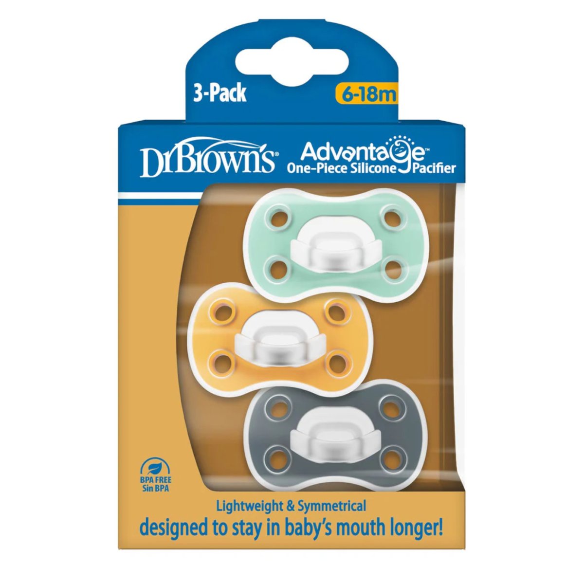 Advantage One-Piece Pacifier 3 Pack 6-18m - Green / Yellow / Gray