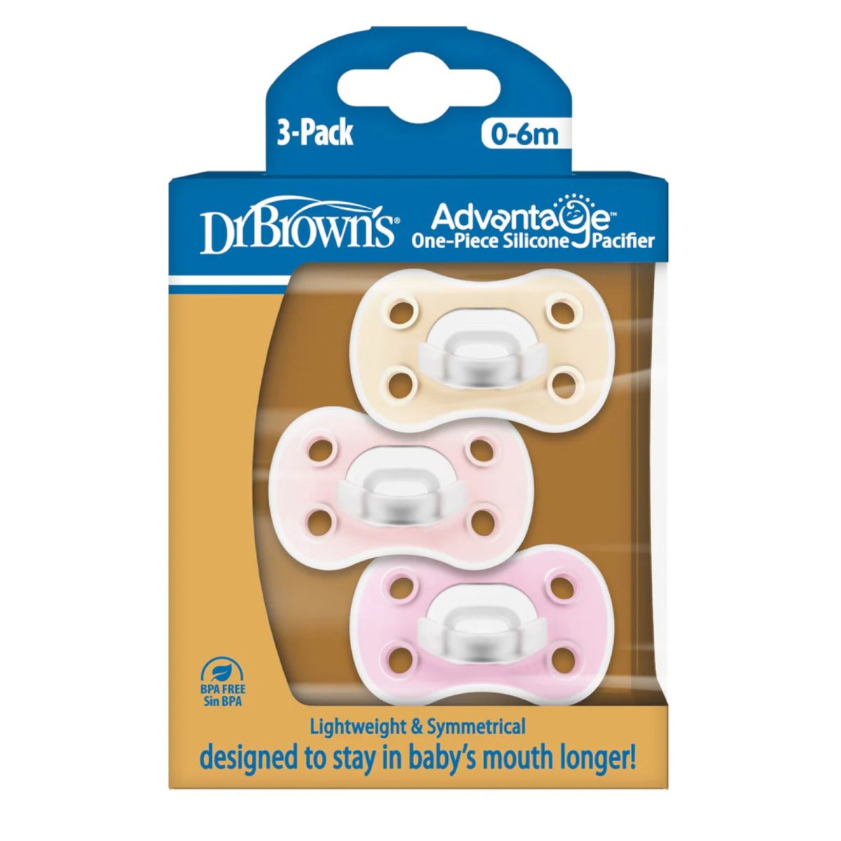 Advantage One-Piece Pacifier 3pk 0-6m - Pink/Purple/Ecru