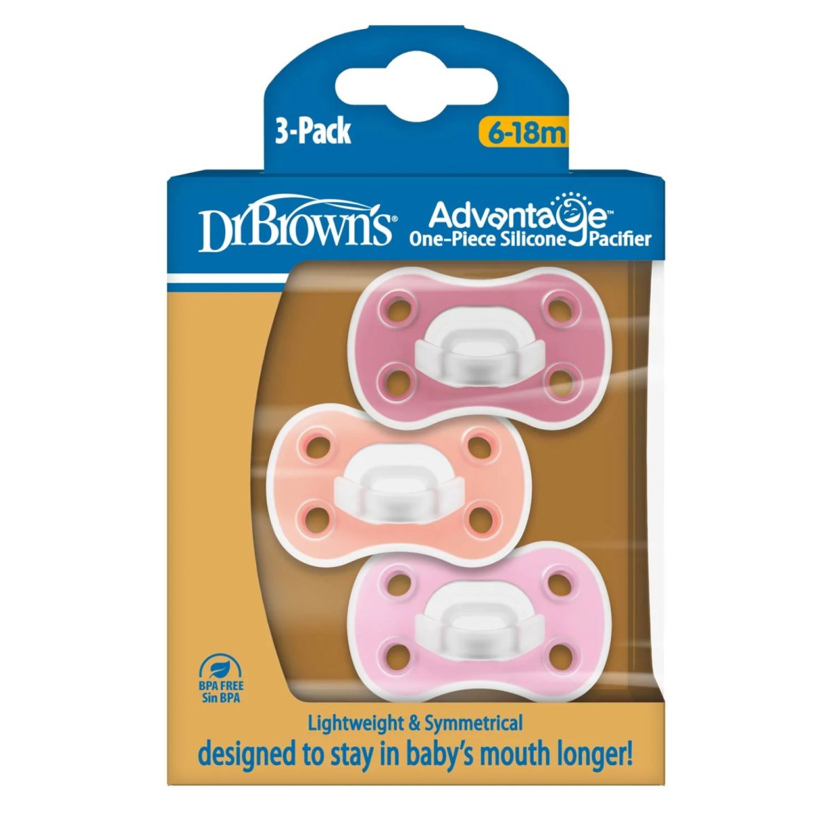 Advantage One-Piece Pacifier 3pk 6-18m - Pink/Purple/Coral