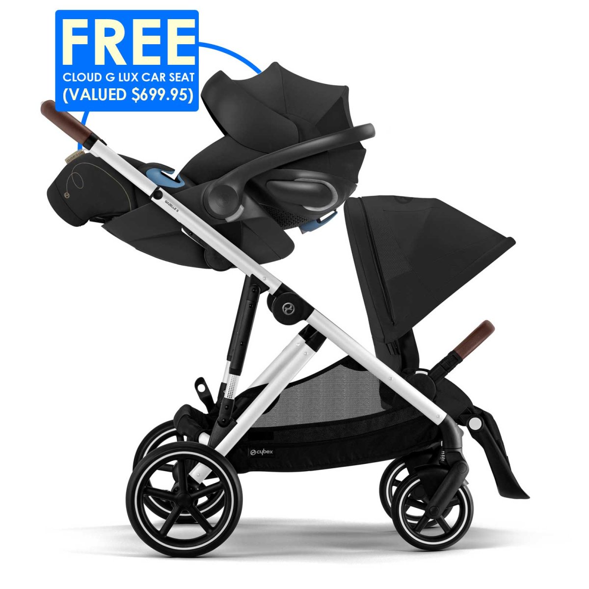 Gazelle S Stroller - Silver Frame and Moon Black Seat  + FREE Gift Cloud G Lux Car Seat