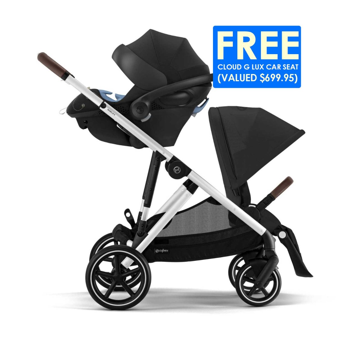 Gazelle S Stroller - Silver Frame and Moon Black Seat  + FREE Gift Cloud G Lux Car Seat