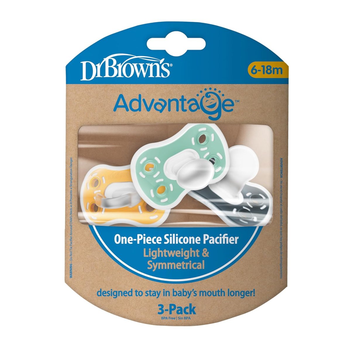 Advantage One-Piece Pacifier 3 Pack 6-18m - Green / Yellow / Grey