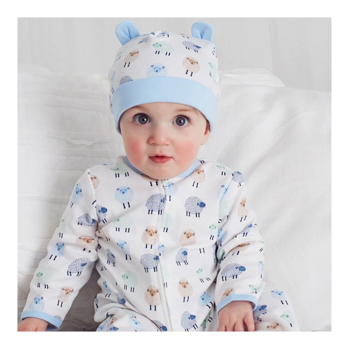 Dotty Lambs Footie and Hat - White Print