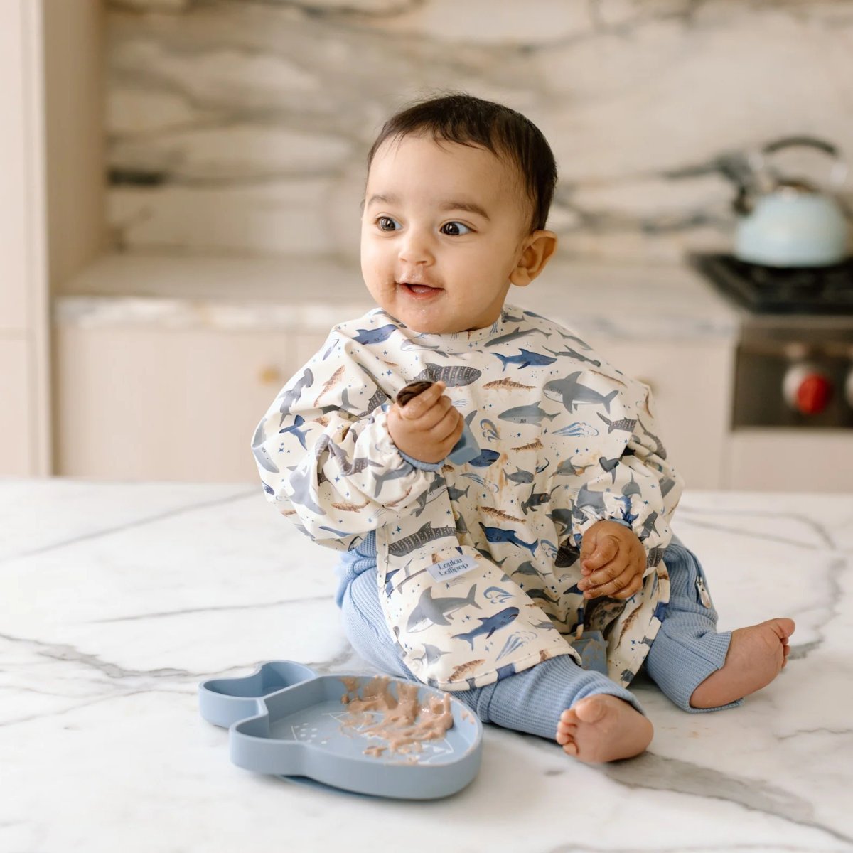 Long Sleeve Waterproof Bib - Smiley Sharks