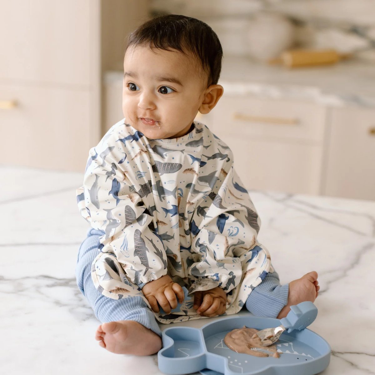 Long Sleeve Waterproof Bib - Smiley Sharks