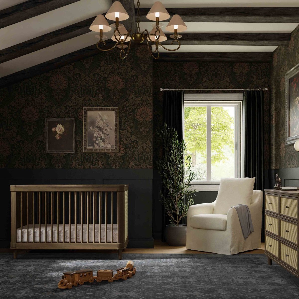 Marin with Cane 3-in-1 Convertible Crib - in Natural Walnut and Blonde Cane