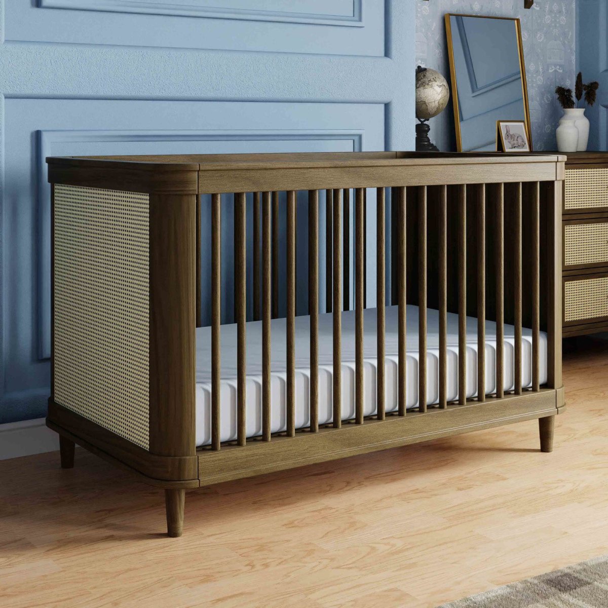 Marin with Cane 3-in-1 Convertible Crib - in Natural Walnut and Blonde Cane