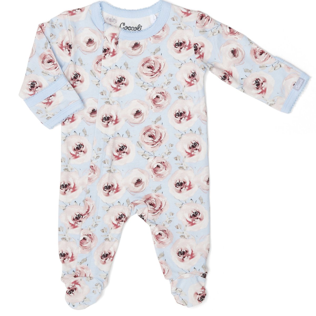 Modal Zipper Footie - Peonies On Light Blue
