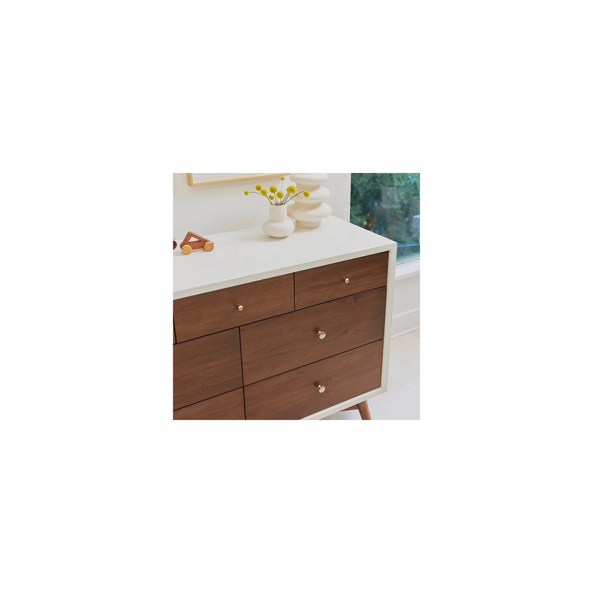 Palma 7 Drawer Double Dresser - Warm White With Natural Walnut