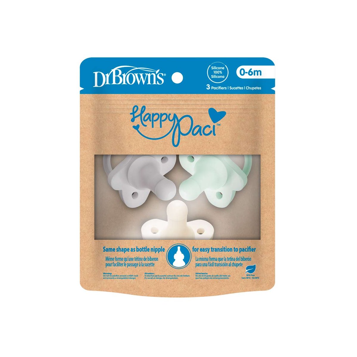 HappyPaci One-Piece Silicone Pacifier 3 Pack - Gray/Green/Ecru