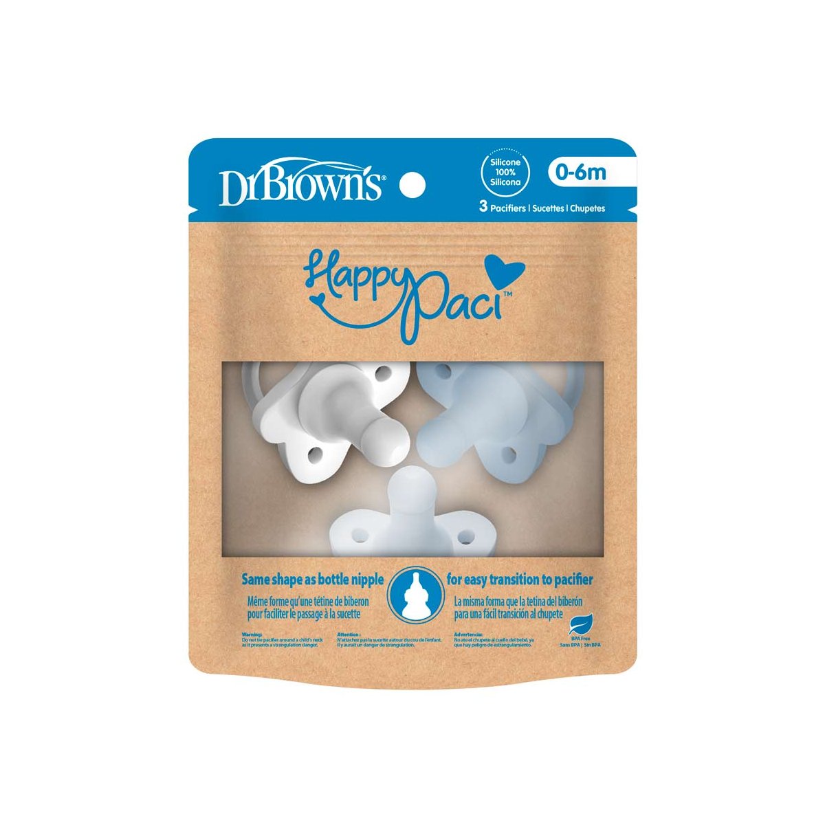 HappyPaci One-Piece Silicone Pacifier 3 Pack - Lt. Blue/Blue/White