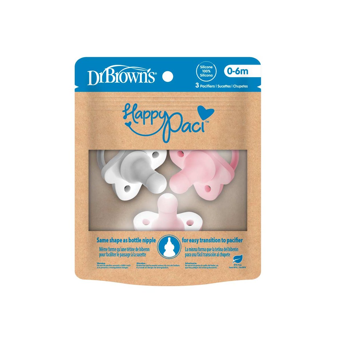 HappyPaci One-Piece Silicone Pacifier 3 Pack - Lt. Pink/Pink/White