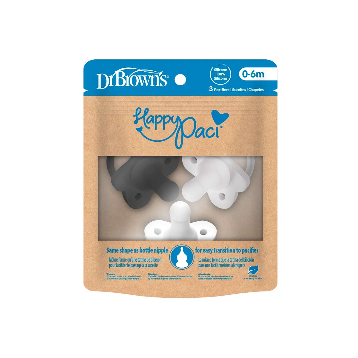 HappyPaci One-Piece Silicone Pacifier 3 Pack - Gray/Black/White