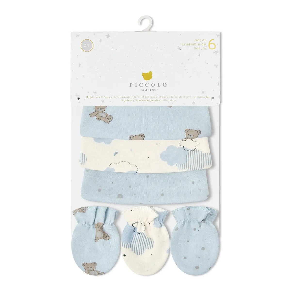 3 Hats & 3 Anti-Scratch Mittens Set - Blue