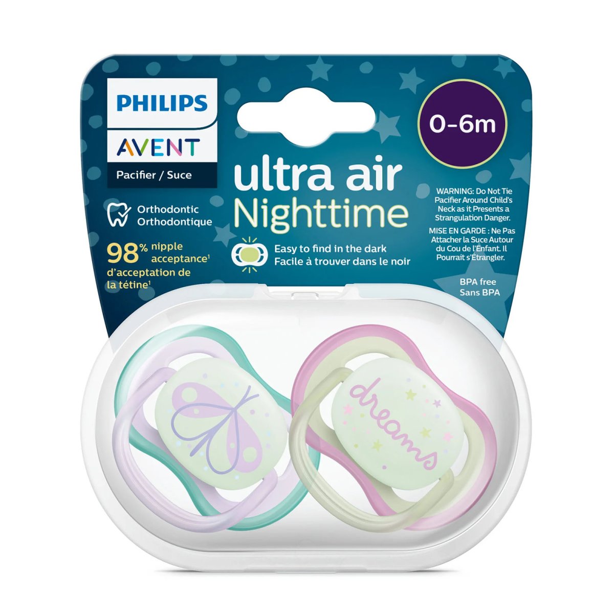 Ultra Air Pacifier Night 2 Pack - 0-6M - Fly/Dream