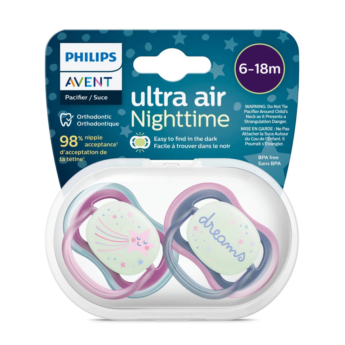 Ultra Air Pacifier Night 2 Pack - 6-18M - Star/Dream