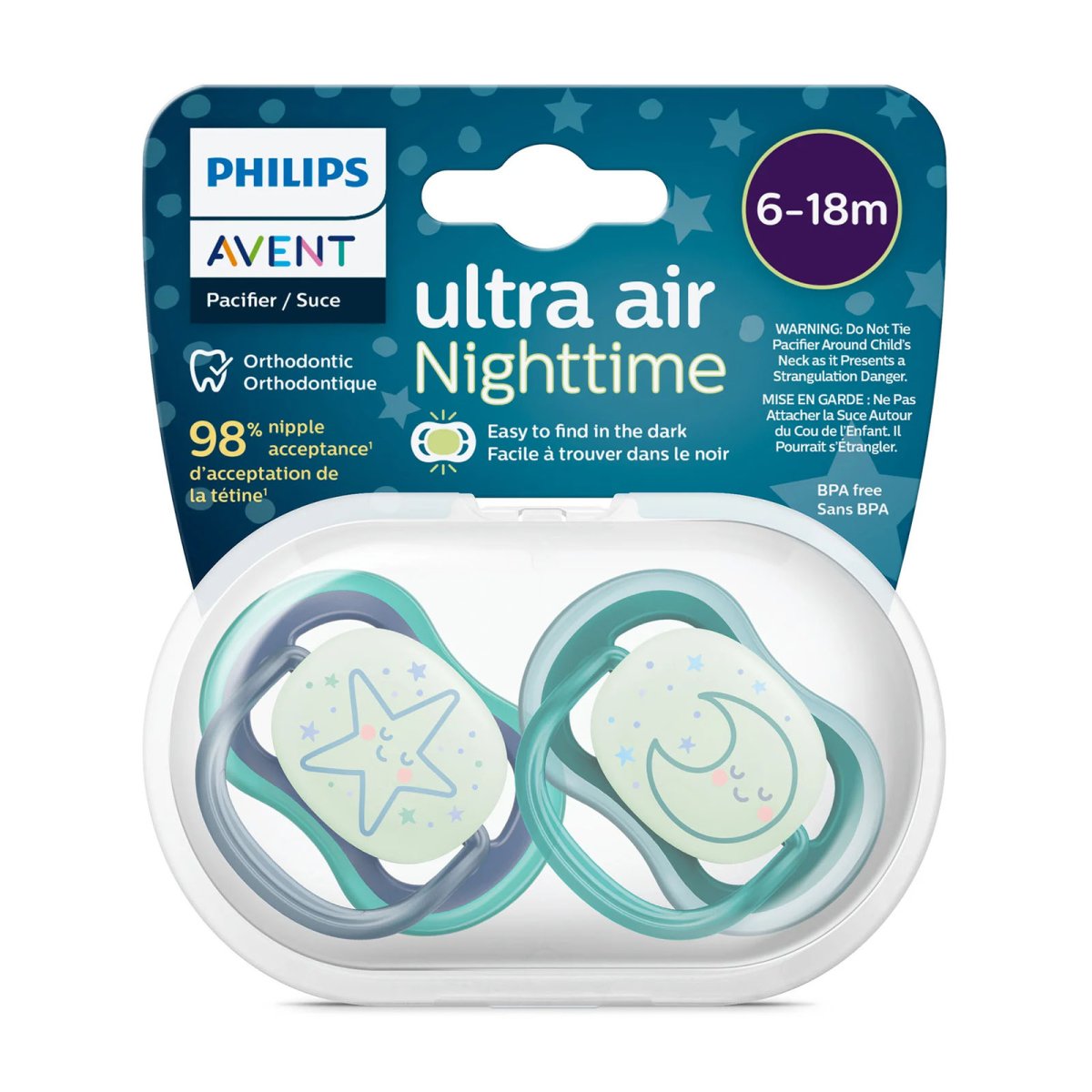 Ultra Air Pacifier Night 2 Pack - 6-18M - Star/Moon