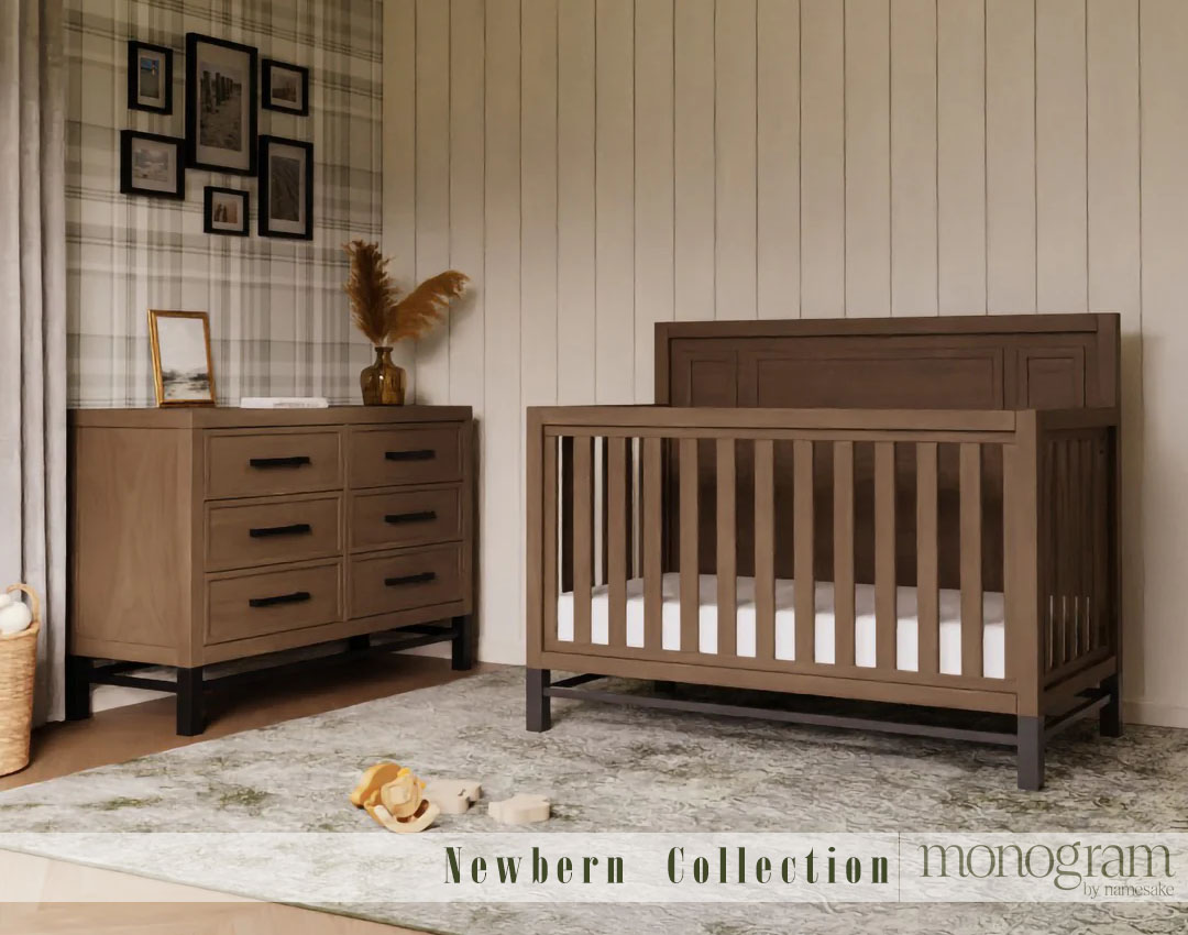 Warm wood crib and dresser in a calm nursery