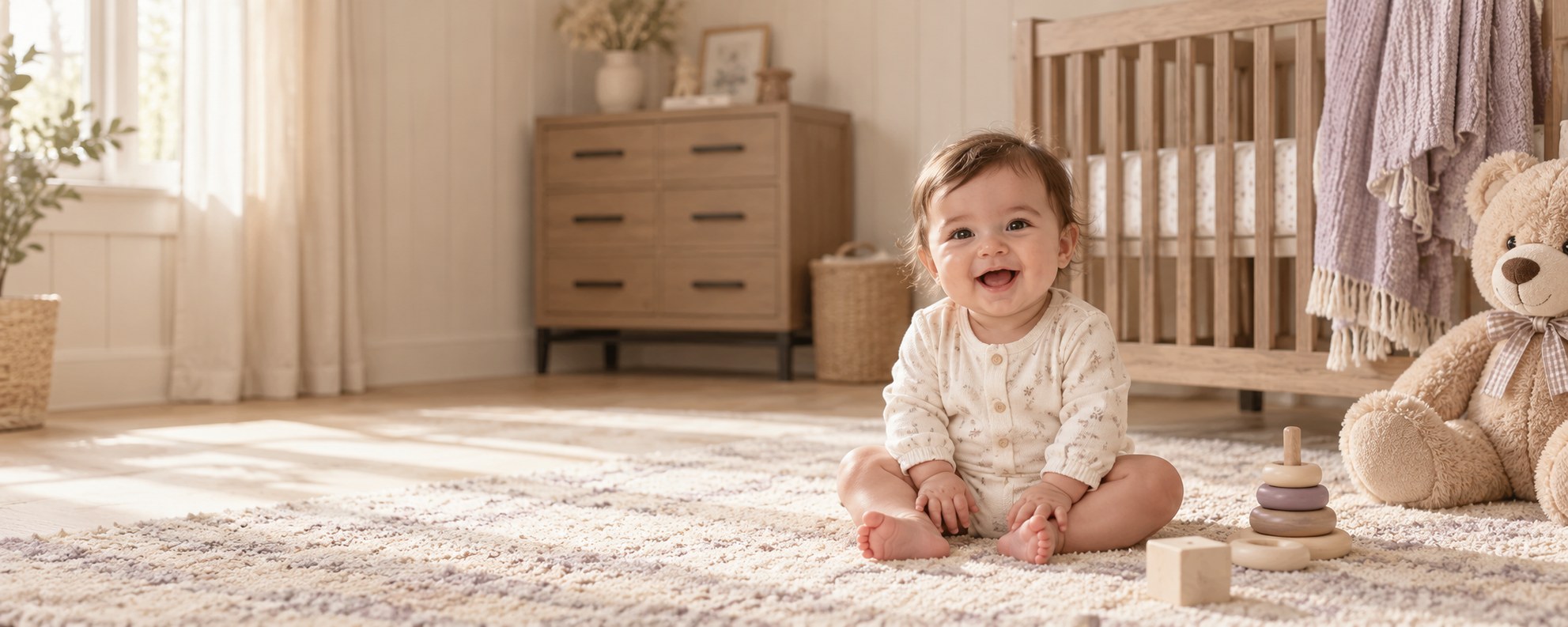 A smiling baby sitting in a warm, softly lit nursery