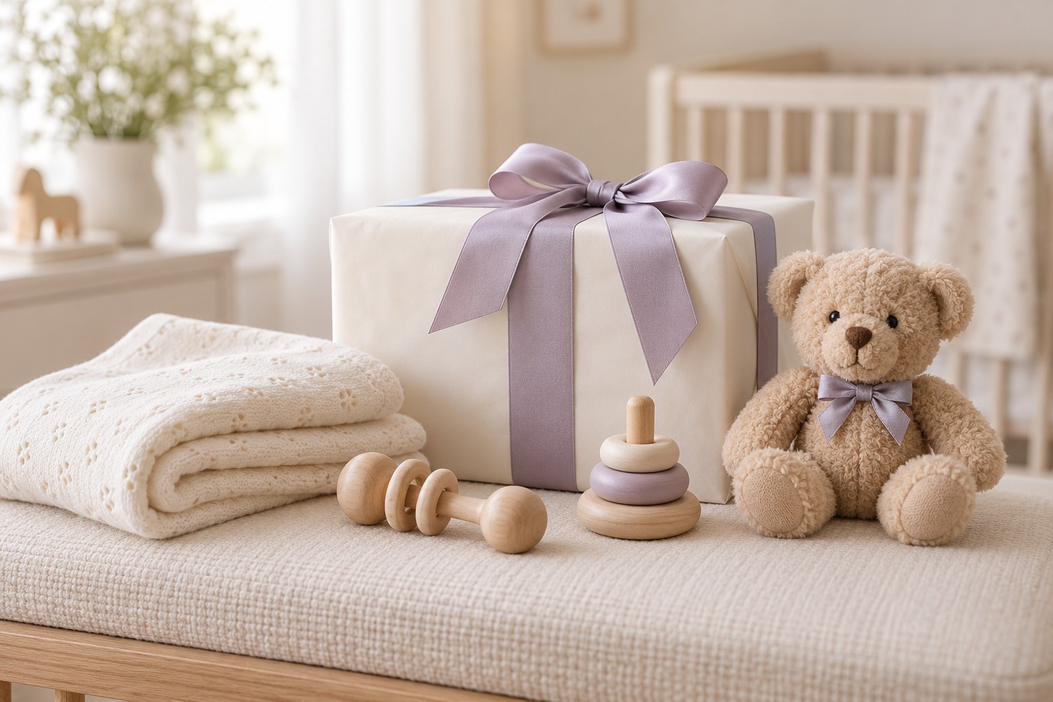 A wrapped baby gift, teddy bear and nursery essentials