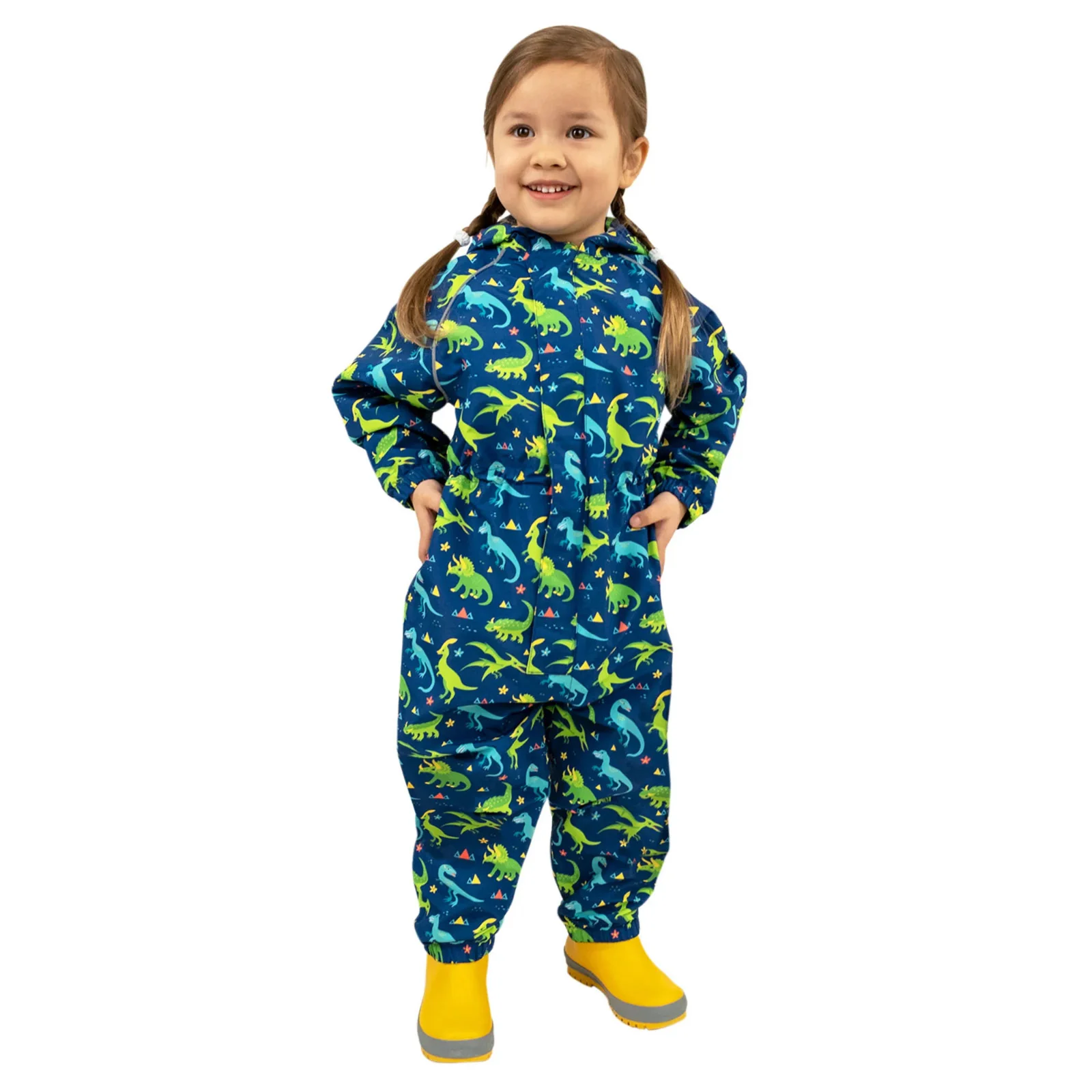 Child wearing a colourful Jan & Jul waterproof playsuit
